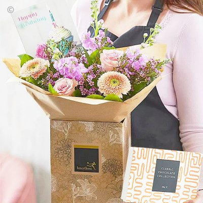 Happy Birthday hand-tied bouquet with chocolates and card Code: BBDL1  | National delivery and local delivery or collect from our shop